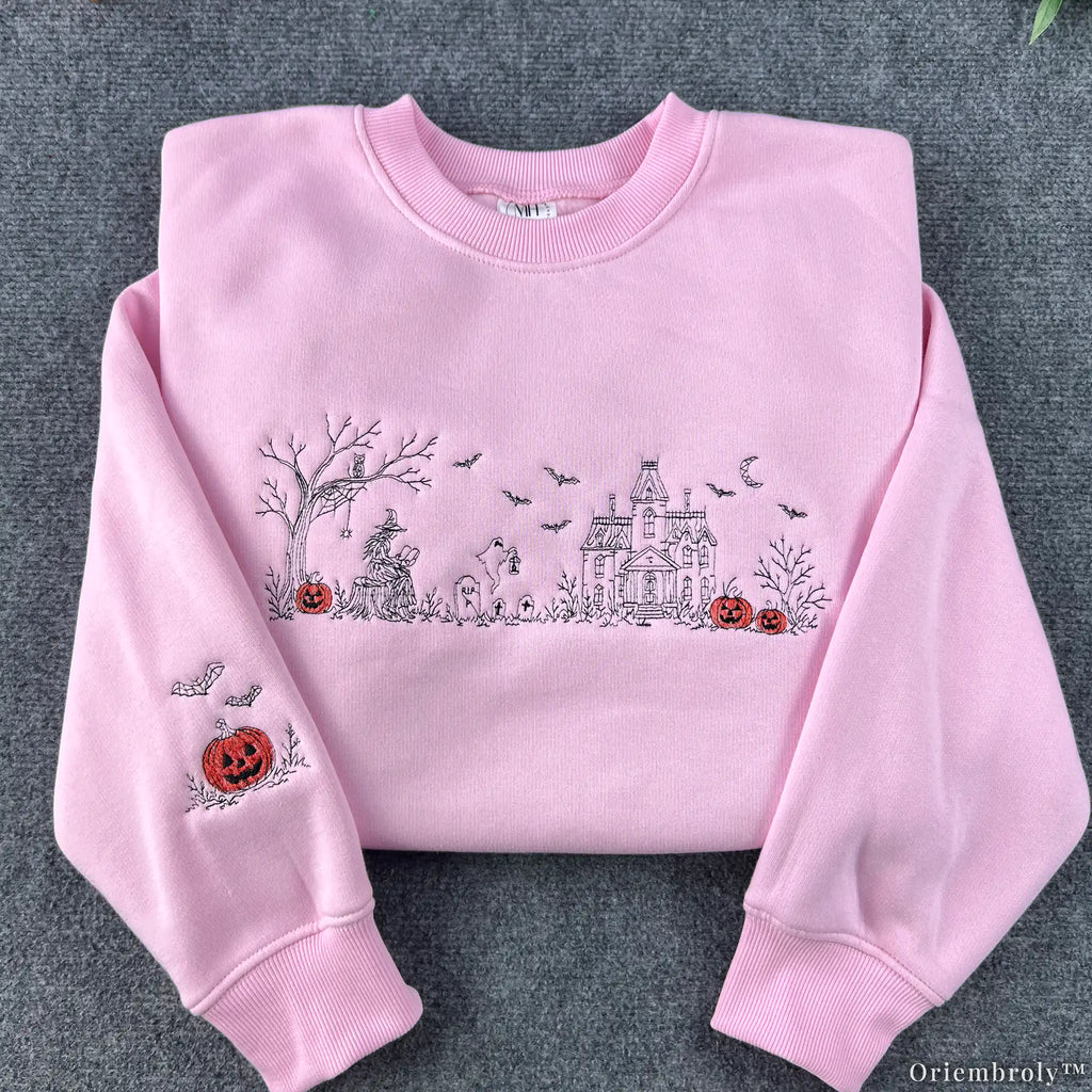 Halloween Village Embroidered Sweatshirt – Witch & Pumpkin Crewneck
