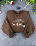 Witchy Broomstick Cats Flying Bats Halloween Embroidered Brown Crewneck Sweatshirt