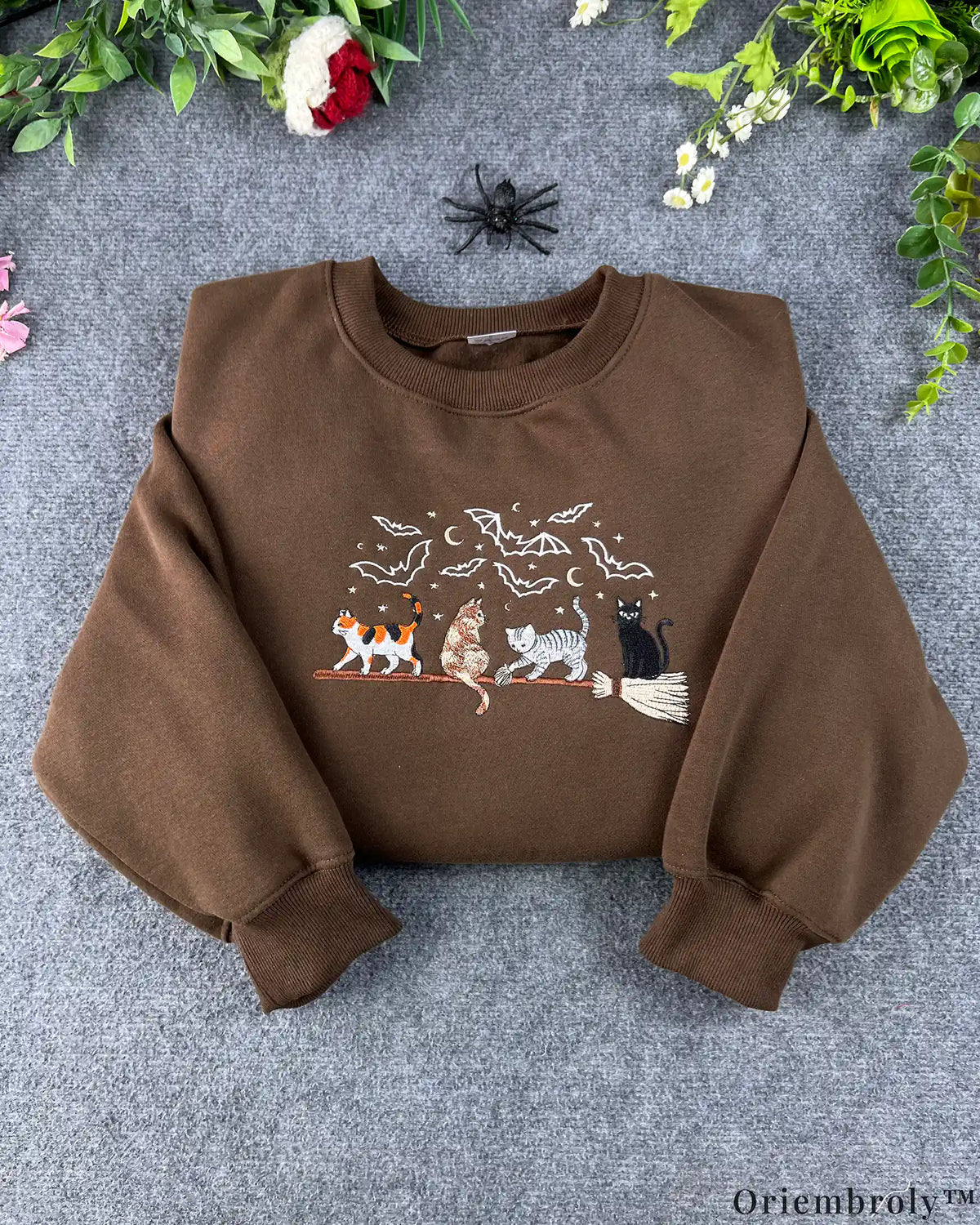Witchy Broomstick Cats Flying Bats Halloween Embroidered Brown Crewneck Sweatshirt