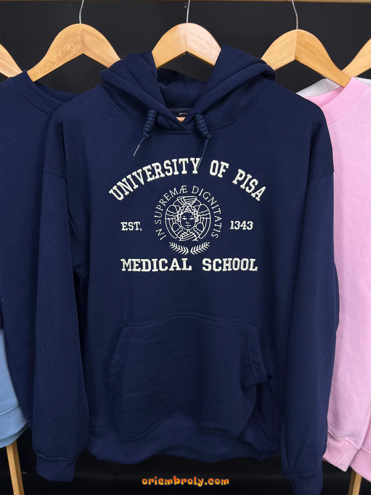 Navy blue hoodie with 'University of Pisa Medical School' text and logo on hangers.