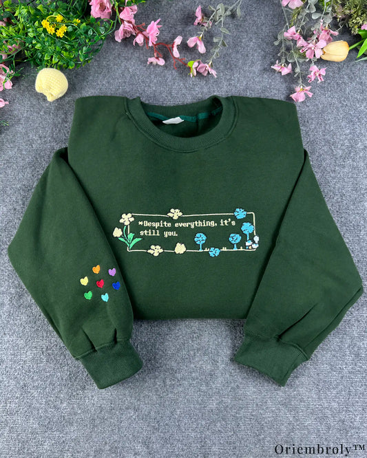 Despite Everything It's Still You Pixel Art Embroidered Forest Green Sweatshirt