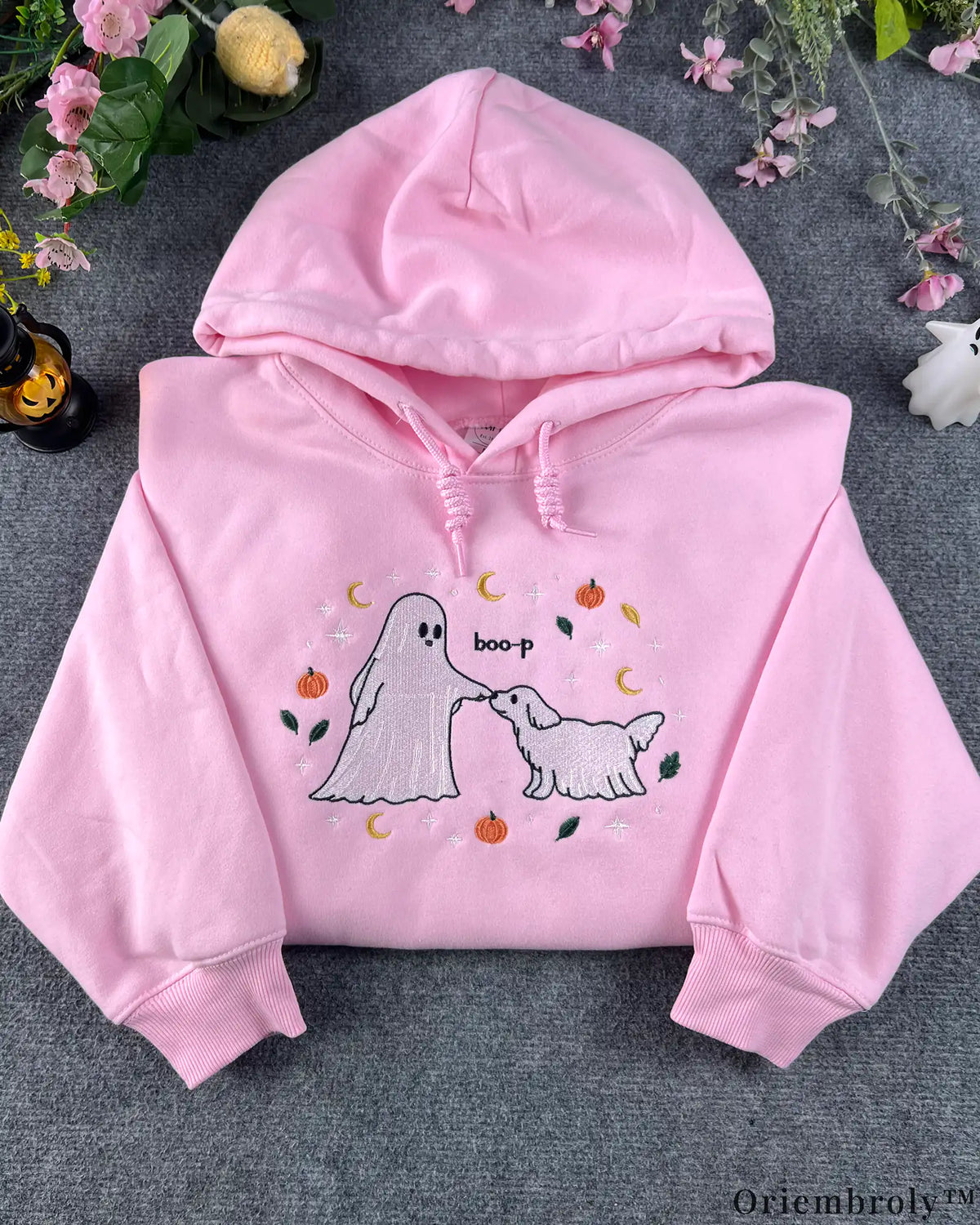 Friendly Ghost Boop Puppy Pumpkin Embroidered Pastel Pink Pullover Hoodie