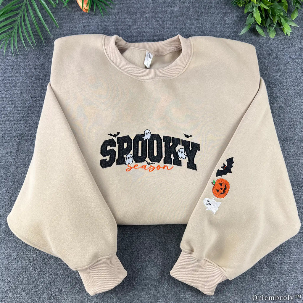 Spooky Season Embroidered Appliqué Sweatshirt – Glitter Ghost Halloween Crewneck, Cozy Fall Pullover