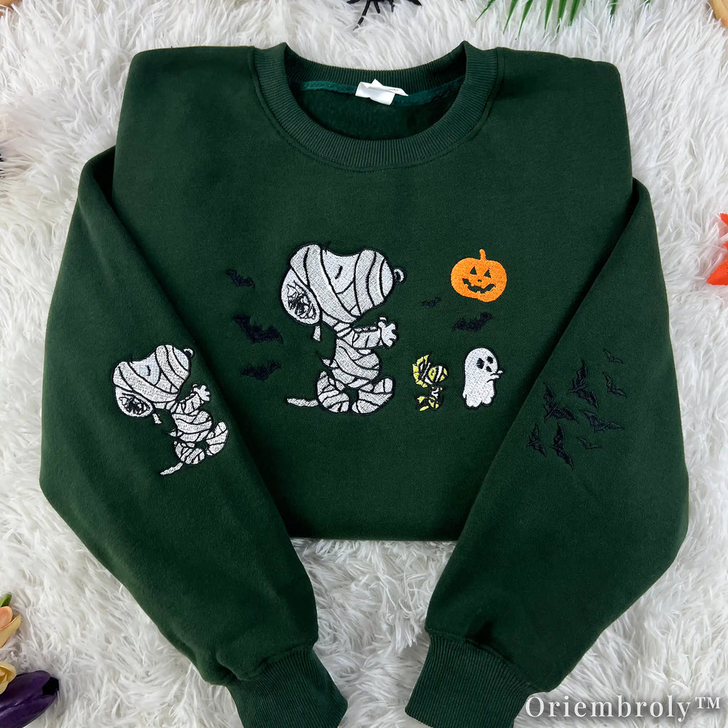 Embroidered Mummy Puppy Halloween Sweatshirt – Cute Ghost & Pumpkin Cozy Fleece Crewneck