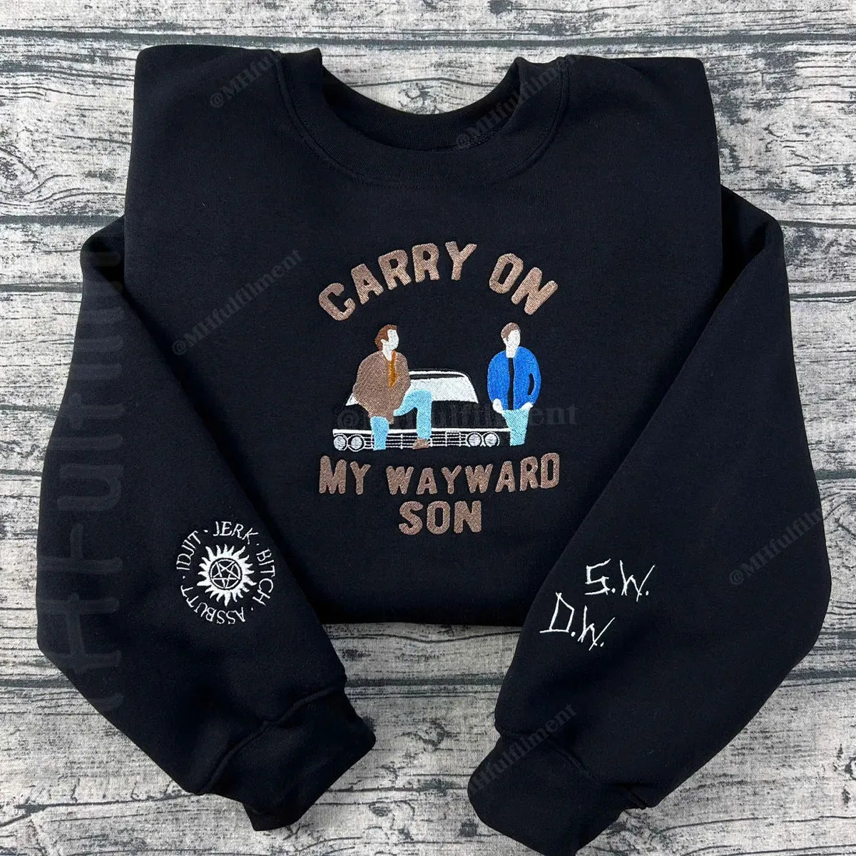 Show off your Supernatural fandom with an embroidered design of Dean, Sam, and the legendary Baby Impala.