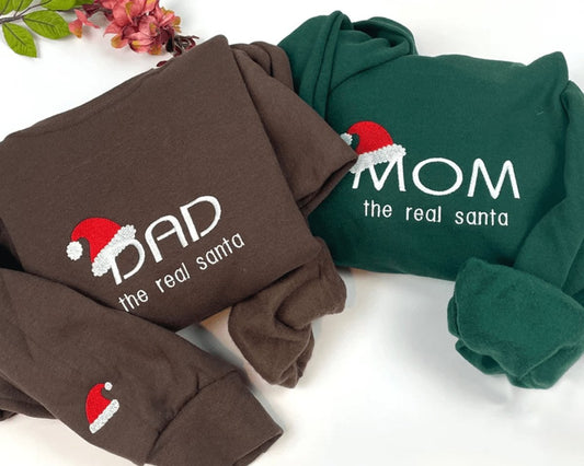 Mom/Dad Santa Embroidered Sweatshirt - Christmas Embroidered Crewneck Sweatshirt