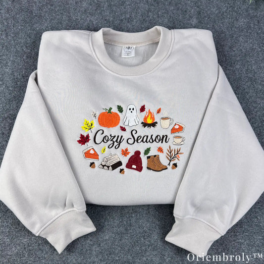 Cozy Season Embroidered Sweatshirt – Autumn Coffee & Pumpkin Fleece Crewneck, Cozy Fall Unisex Pullover