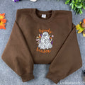 Lace Ghost Embroidered Sweatshirt – Spooky Season Applique Halloween Crewneck, Brown Cozy Fleece Pullover