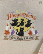 Close-up of A Little Hocus Pocus embroidery featuring a black cat, full moon, candles, and flying witches on a beige sweater