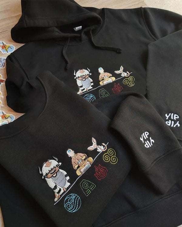 Aang Appa Momo and four element symbols anime embroidered vintage crewneck sweatshirt in black