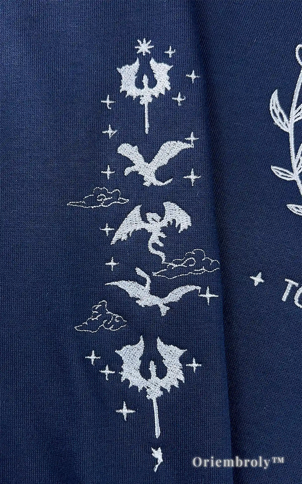 Detailed sleeve embroidery on Terrasen sweatshirt inspired by Aelin Galathynius and Throne of Glass