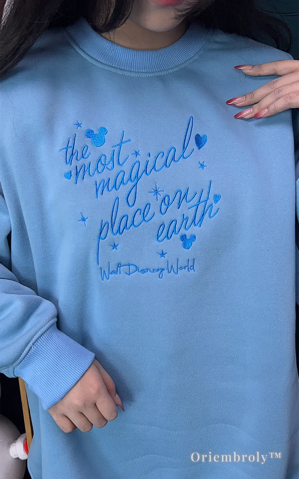 Aesthetic light blue Disney Park sweater with The Most Magical Place on Earth cursive text.