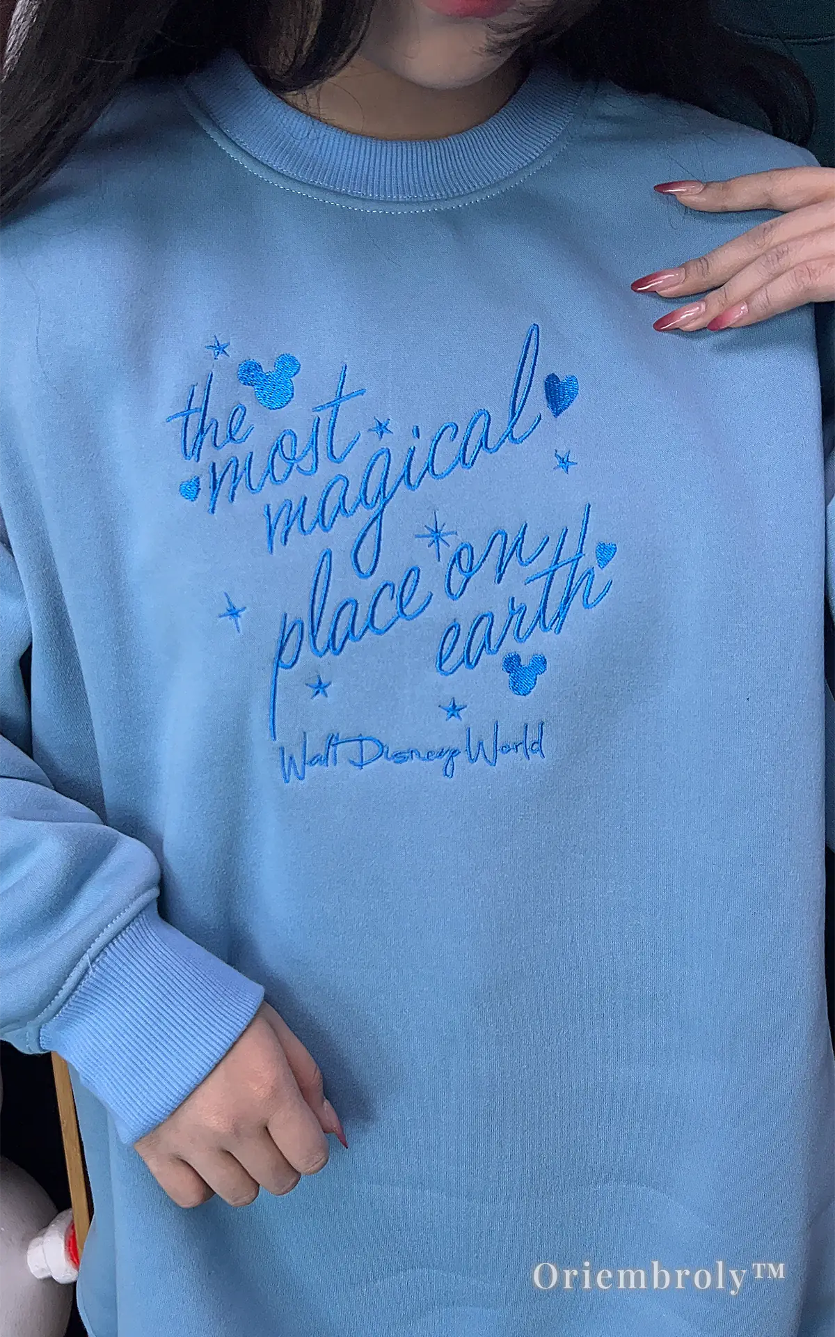 Aesthetic light blue Disney Park sweater with The Most Magical Place on Earth cursive text.