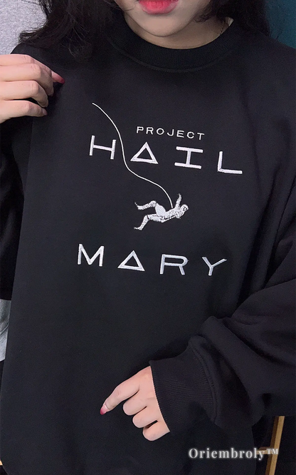 Aesthetic Project Hail Mary 2026 movie apparel: black embroidered sweatshirt for book and film lovers.