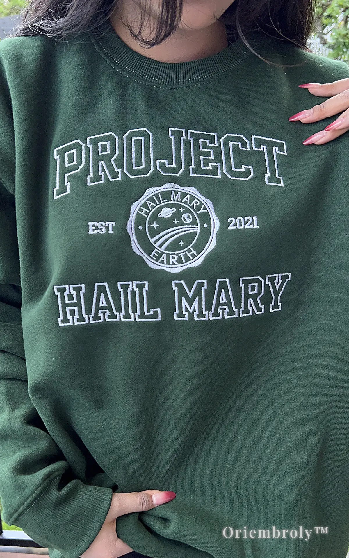 Aesthetic Project Hail Mary embroidered apparel, dark green sweatshirt for book lovers