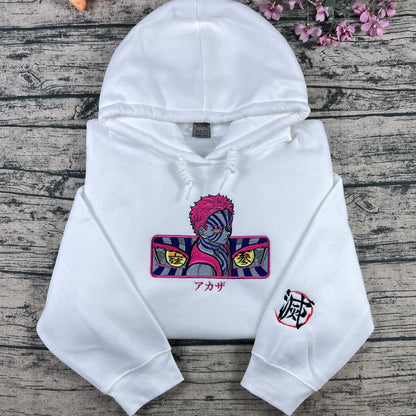 Akaza embroidered white hoodie with anime inspired design