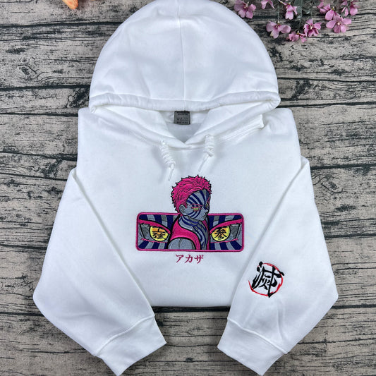 Akaza embroidered white hoodie with anime inspired design