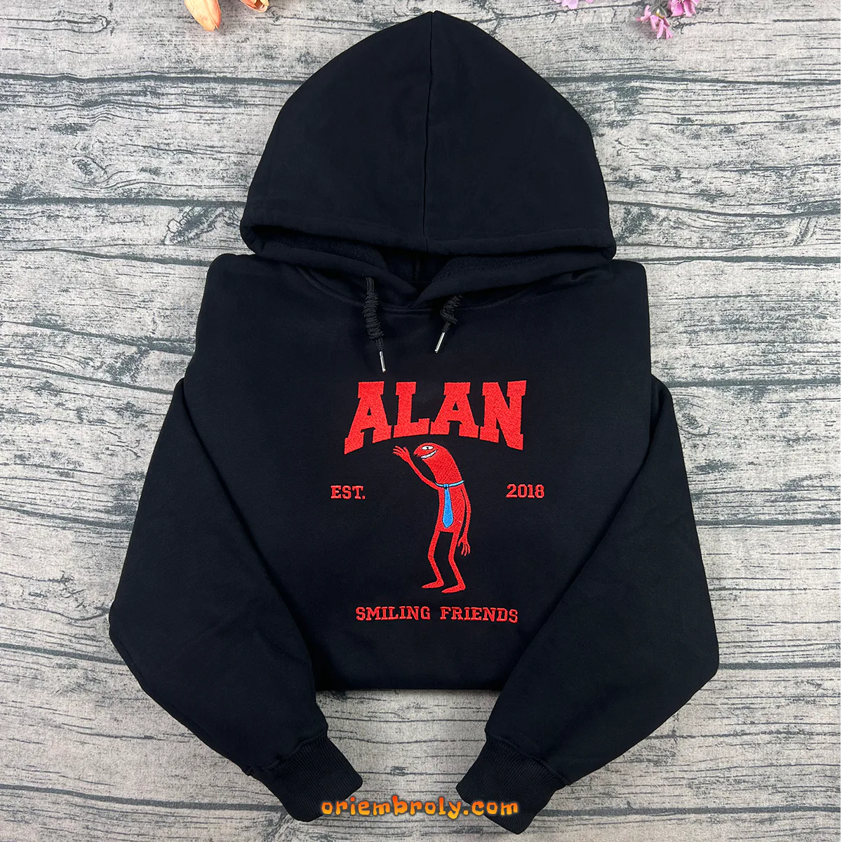 Alan embroidered black hoodie with retro cartoon design