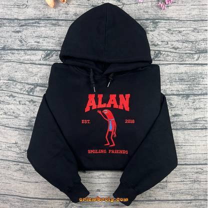 Alan embroidered black hoodie with retro cartoon design