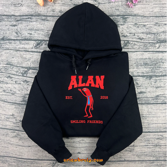 Alan embroidered black hoodie with retro cartoon design