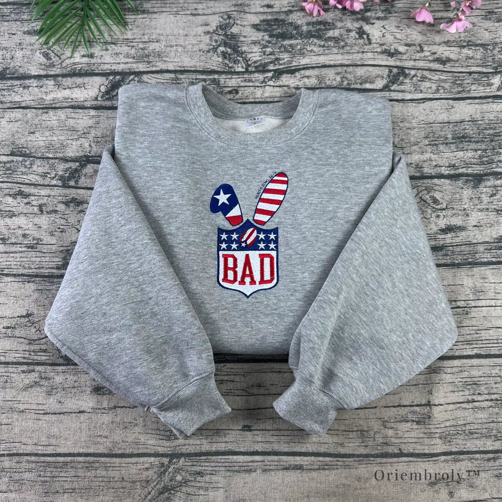 American flag bunny ears BAD logo embroidered crewneck sweatshirt