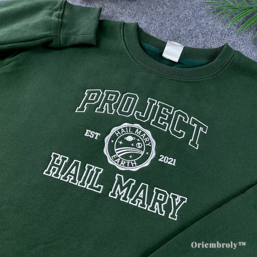 Bookish crewneck sweater for Project Hail Mary fans featuring high-quality white embroidery