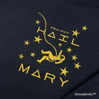 Officially inspired Project Hail Mary merch: a premium black pullover with high-density yellow satin stitch embroidery of a floating astronaut and stars. A must-have for Andy Weir fans