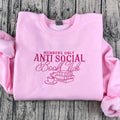Anti Social Book Club embroidered crewneck sweatshirt, perfect book club shirt for book lovers and bookish hoodie fans.