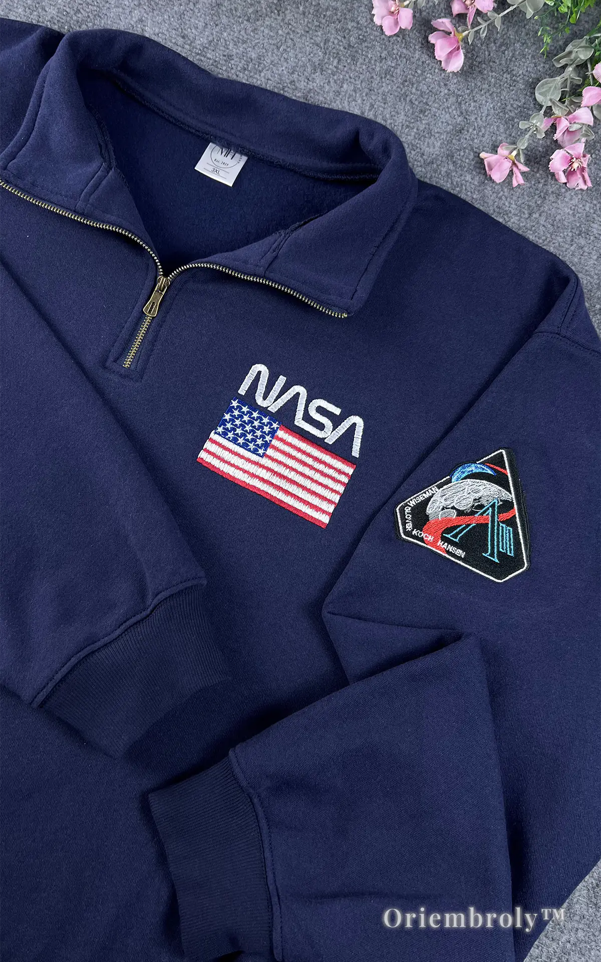 Apollo 11 mission patch embroidered sweatshirt sleeve detail