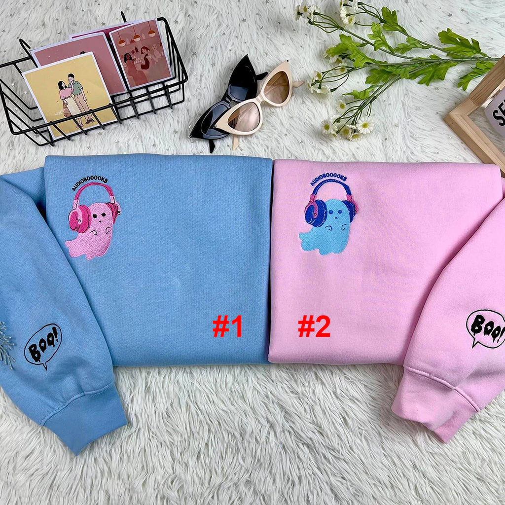Audiobook ghost couple matching embroidered sweatshirt