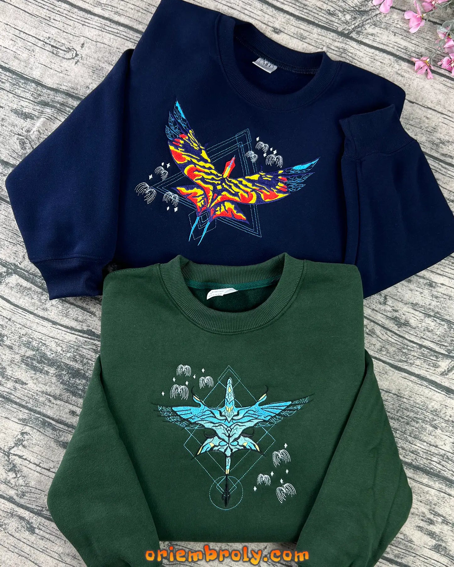 Fire embroidery detail on Avatar couple hoodie