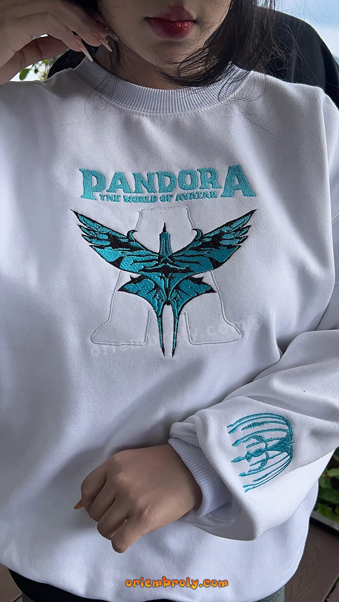 Premium embroidery on Pandora themed sweatshirt
