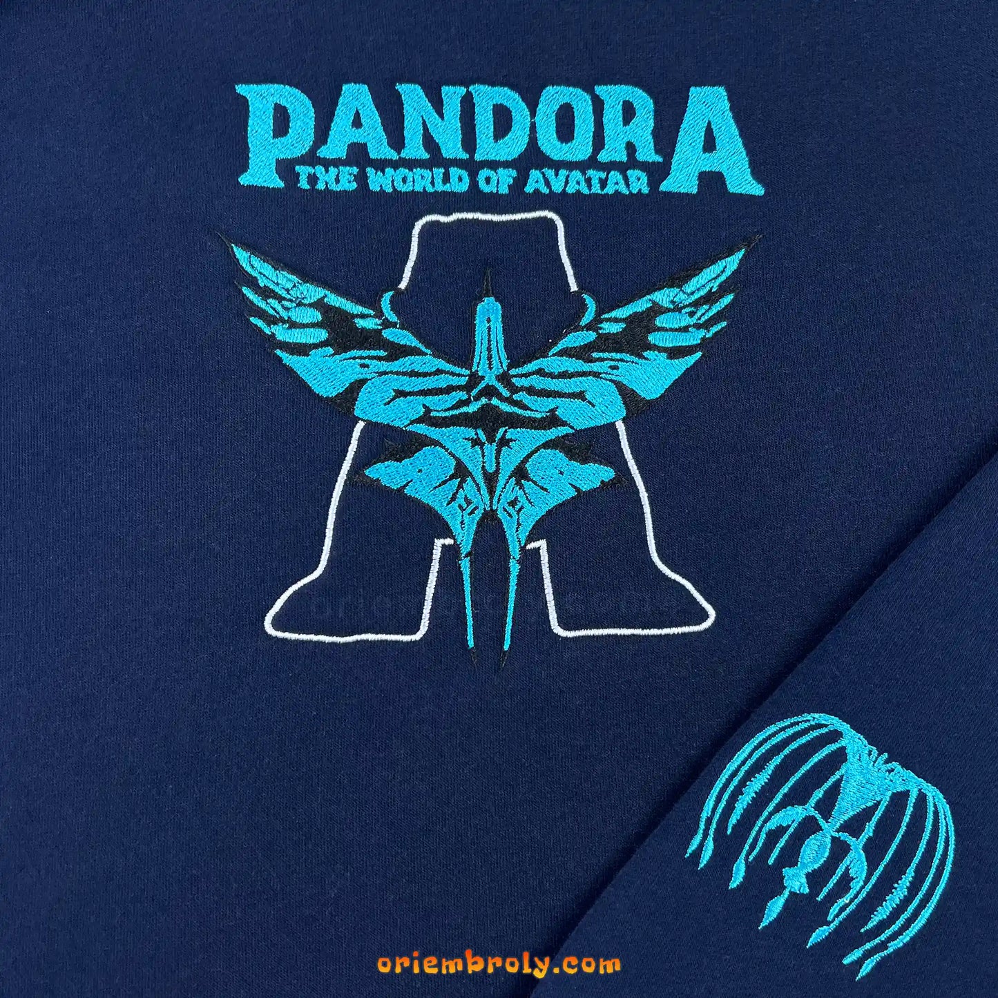 Close-up of Ikran banshee embroidery inspired by Pandora