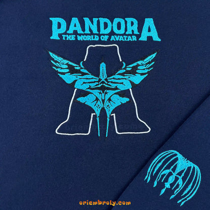 Close-up of Ikran banshee embroidery inspired by Pandora