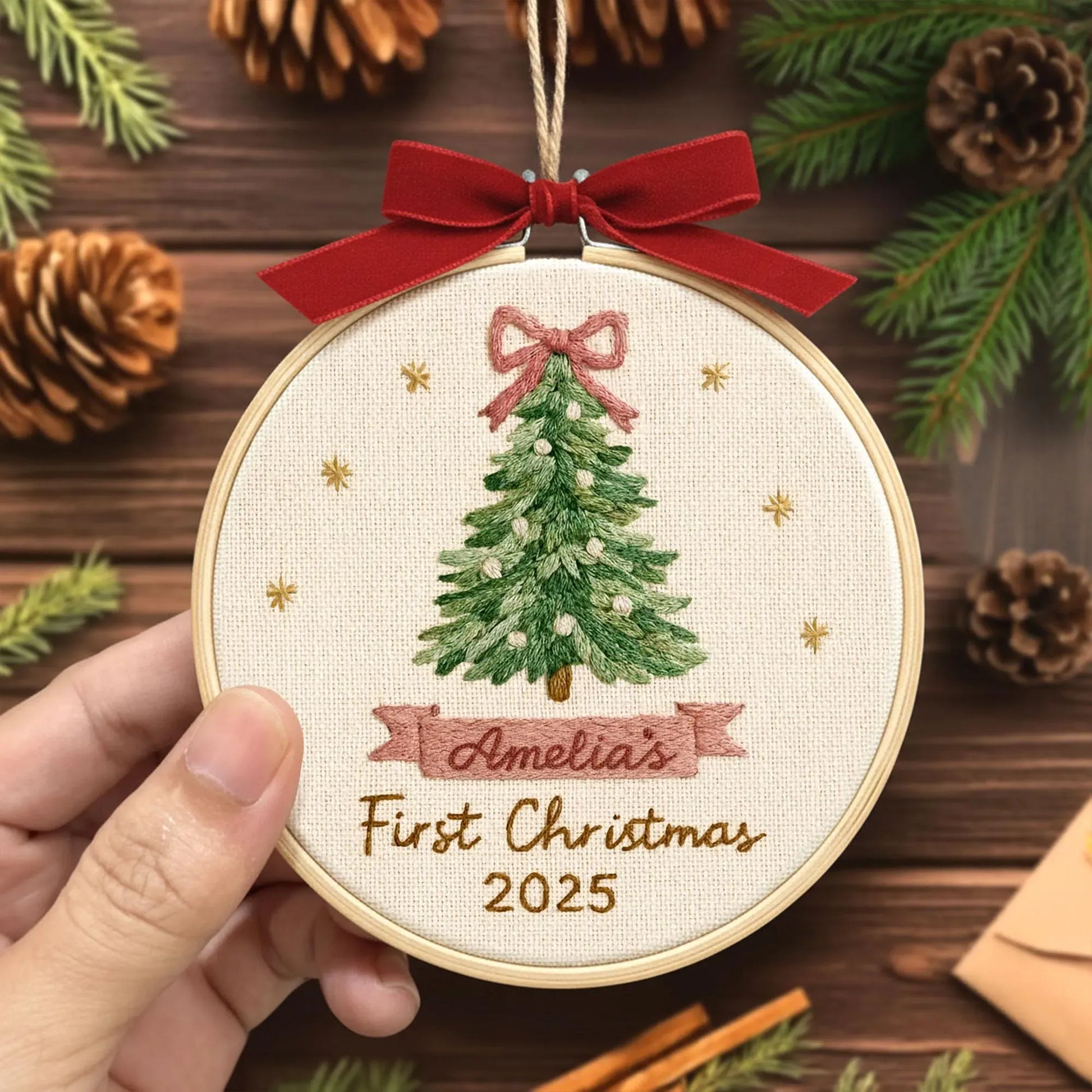 Baby’s first Christmas wooden hoop ornament