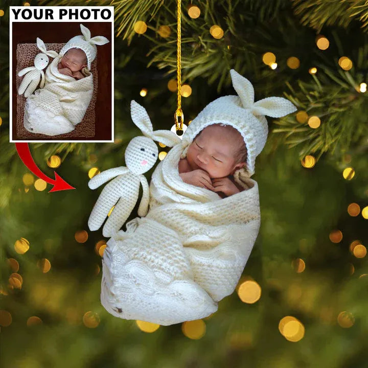 Custom personalized baby photo acrylic ornament, a perfect keepsake gift for a newborn's first Christmas