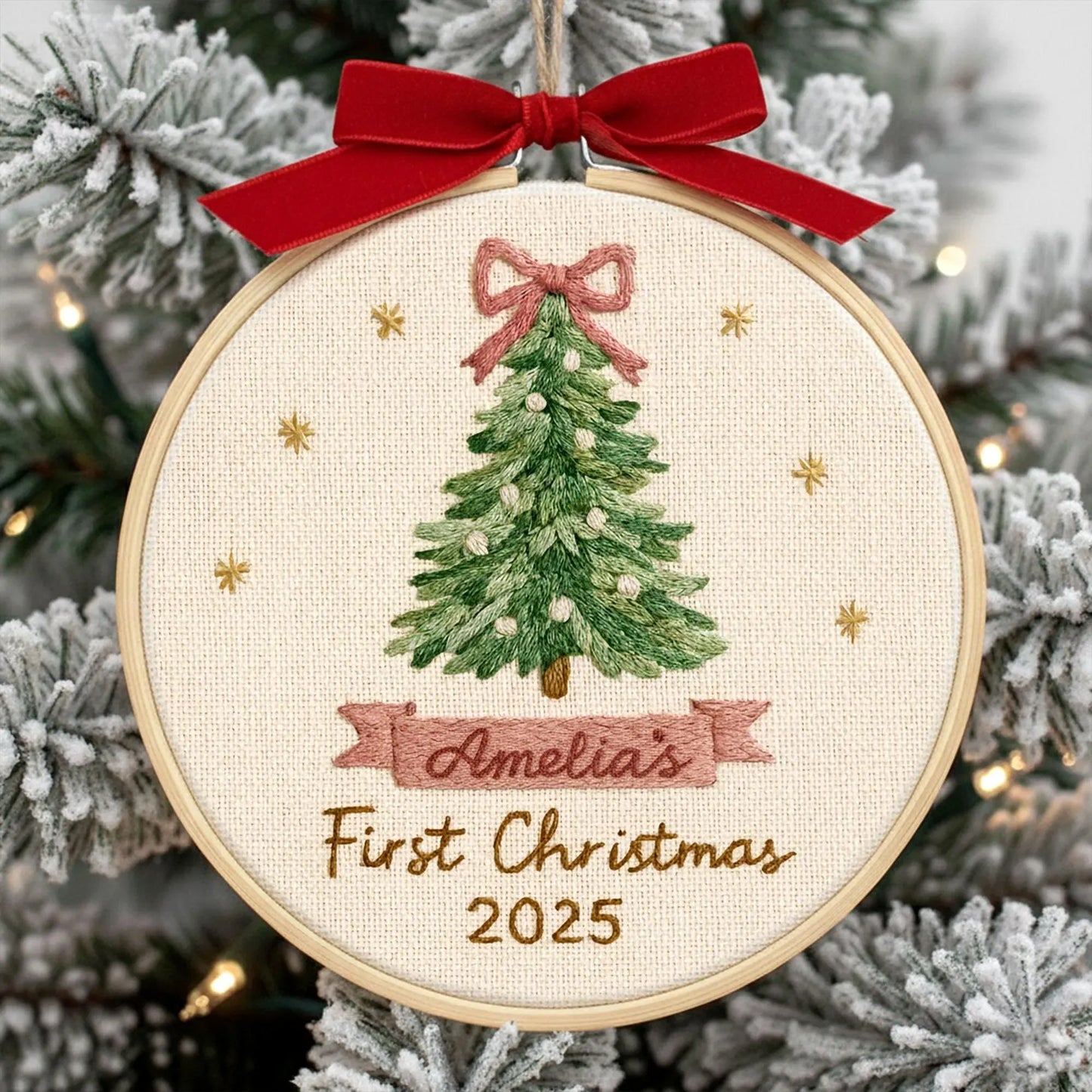 Custom baby name embroidery hoop holiday ornament