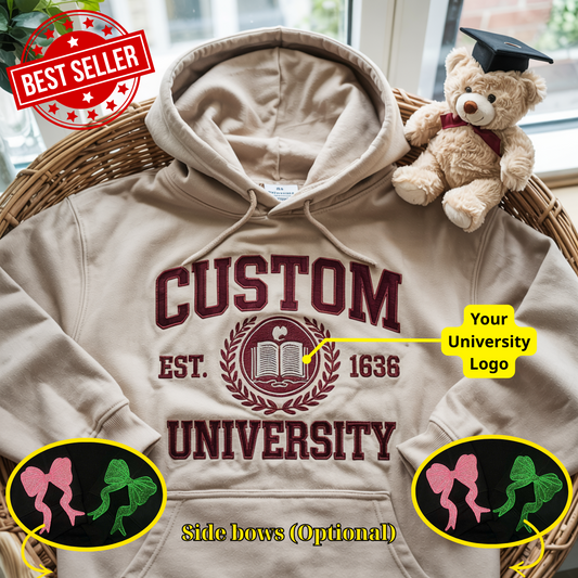 Back to school personalized hoodie and sweatshirt with custom university logo and optional side bows – your school, your style.