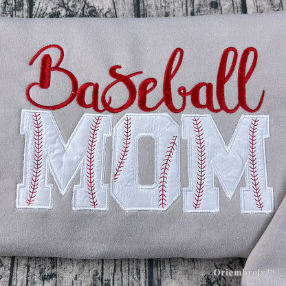 close up applique MOM lettering with red baseball stitching