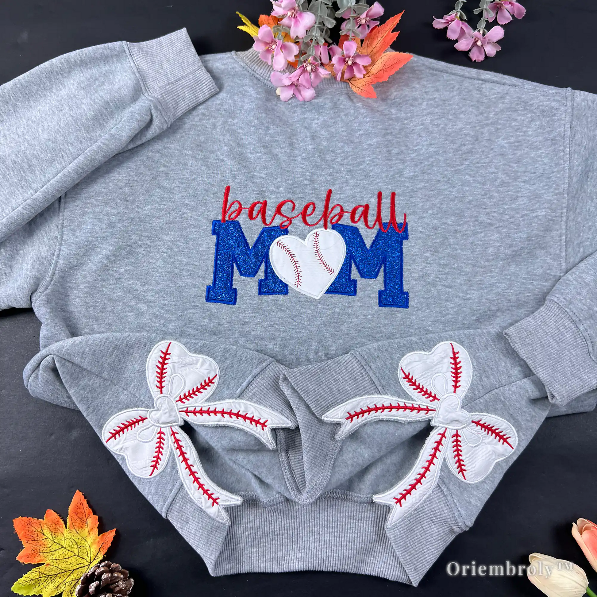Baseball mom embroidered grey crewneck sweatshirt front view