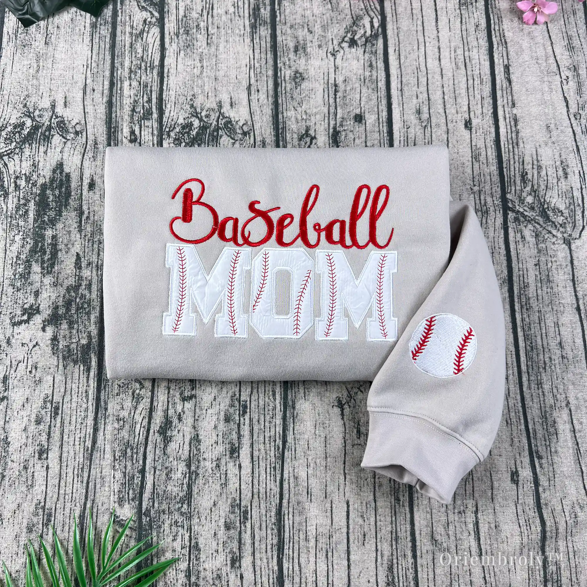 Baseball Mom embroidered applique tan crewneck sweatshirt