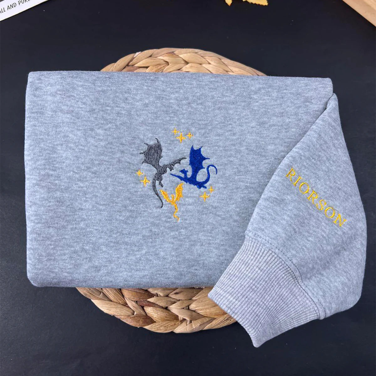 Basgiath War College embroidered sweatshirt featuring Xaden Riorson, crewneck hoodie for women, perfect book merch for fantasy lovers.