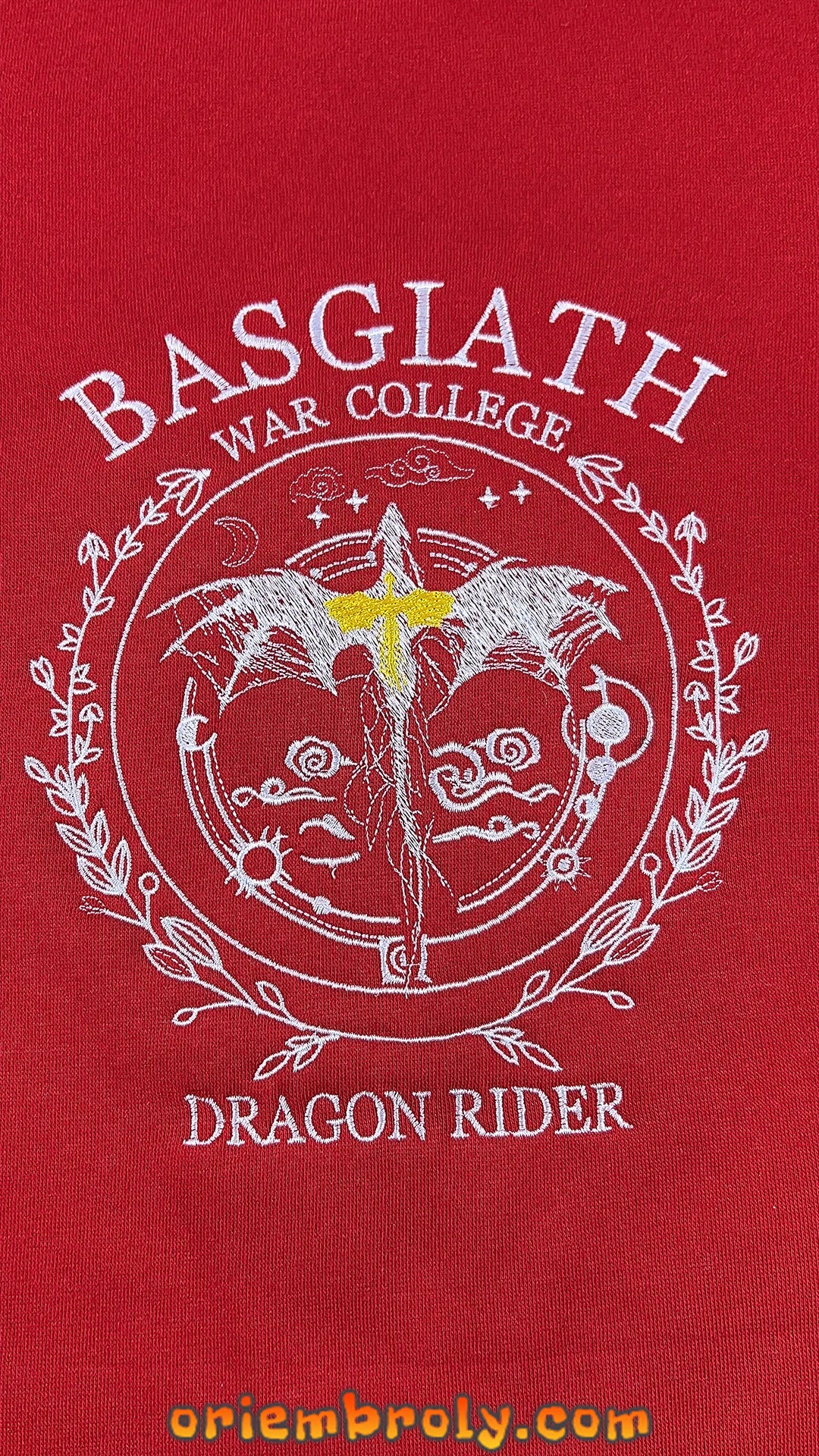 Close-up embroidery detail on Basgiath sweatshirt