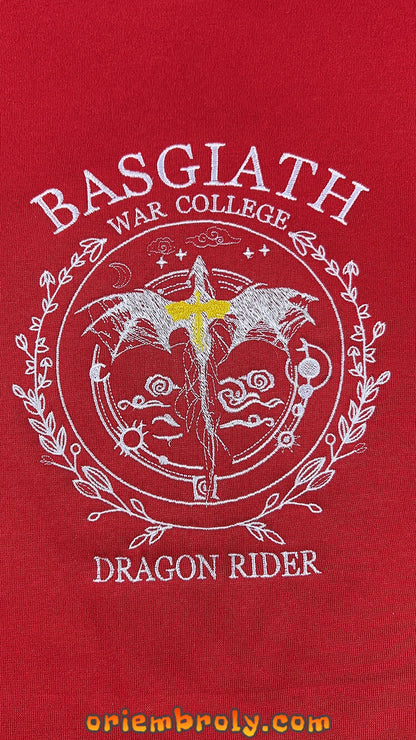Close-up embroidery detail on Basgiath sweatshirt