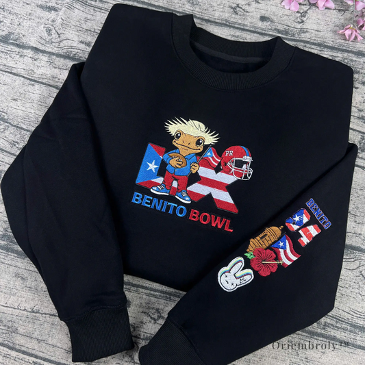 Funny football game day sweatshirt with BeNiTo Bowl embroidered text