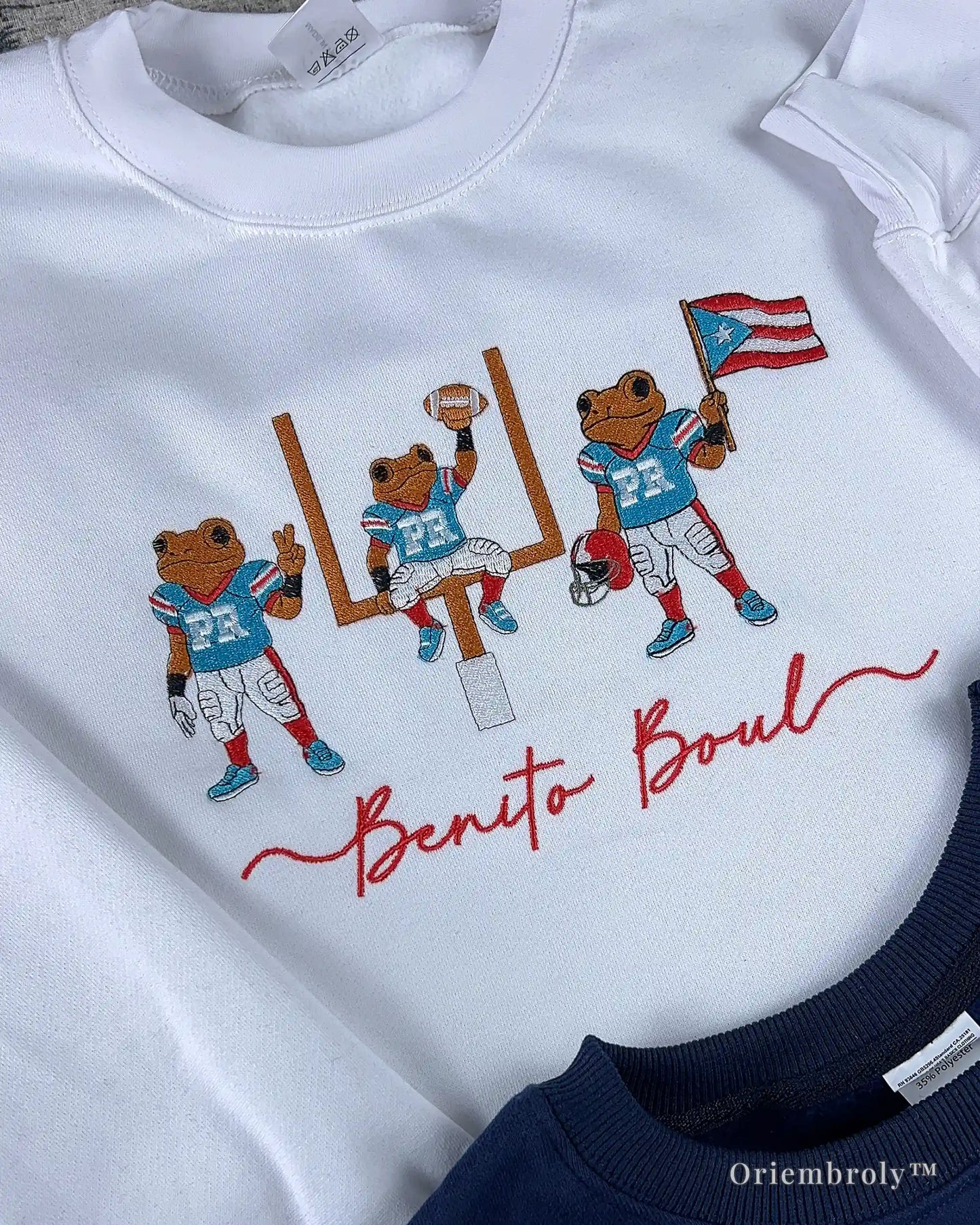 Benito Bowl script embroidery detail red satin stitching