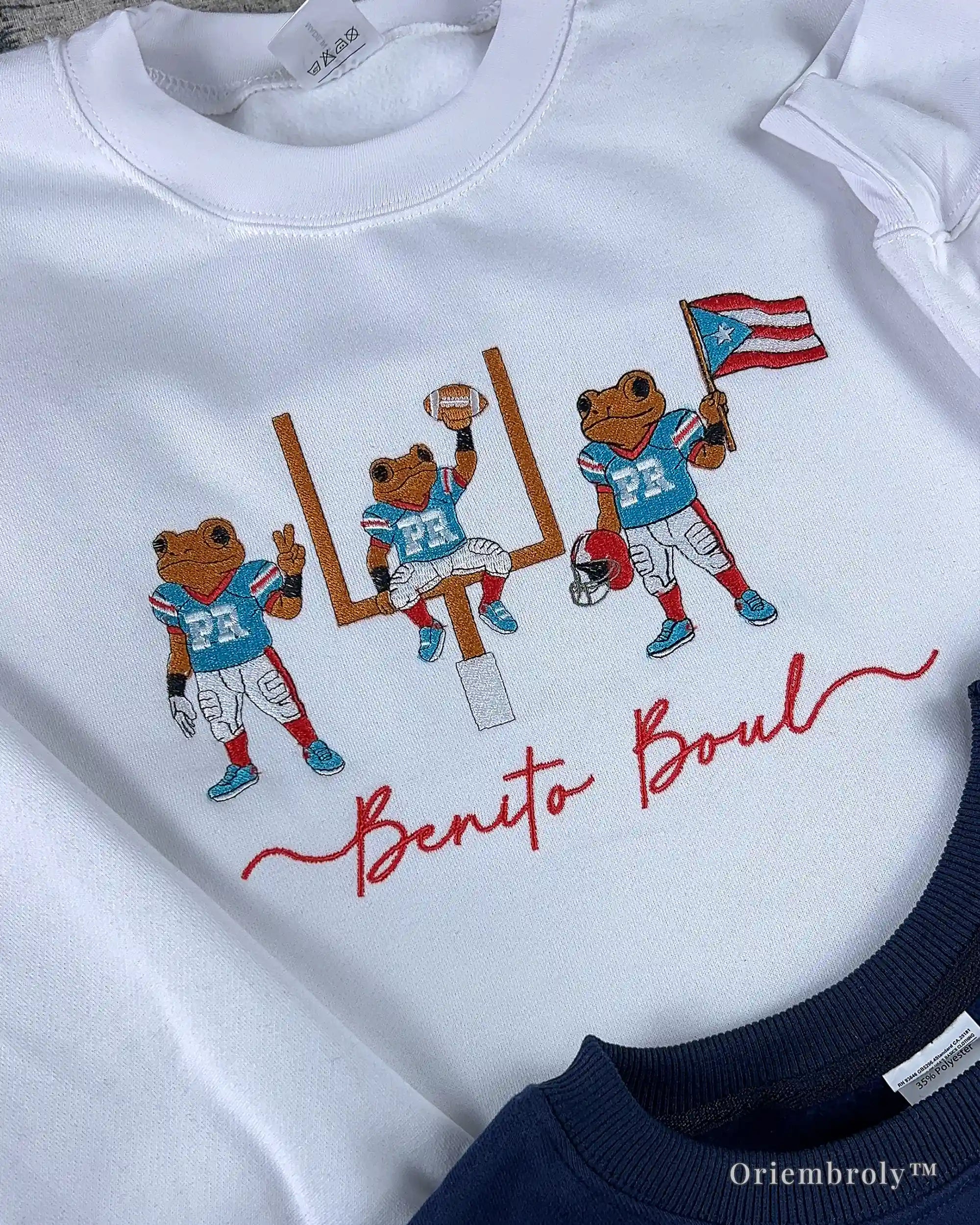 Benito Bowl script embroidery detail red satin stitching