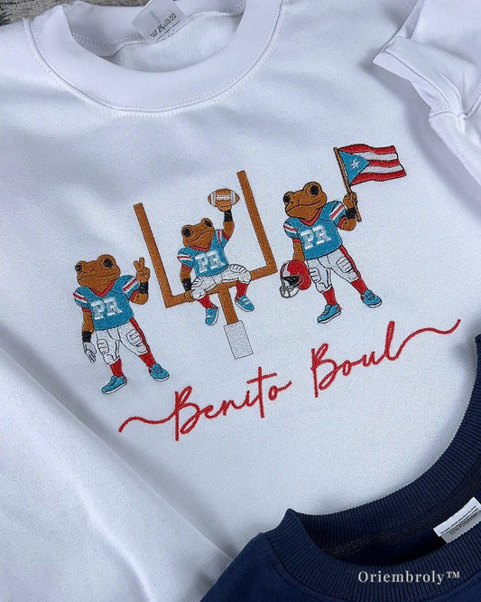 Benito Bowl script embroidery detail red satin stitching