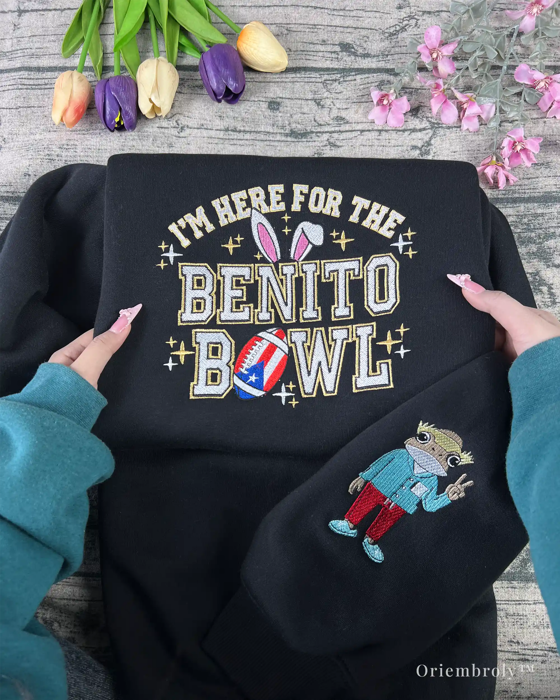 embroidered Benito Bowl text design with football embroidered