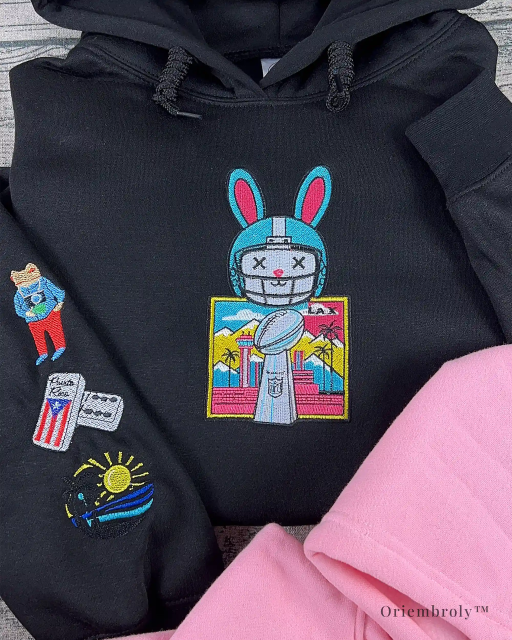 Black Bad Bunny bunny head embroidered on hoodie chest